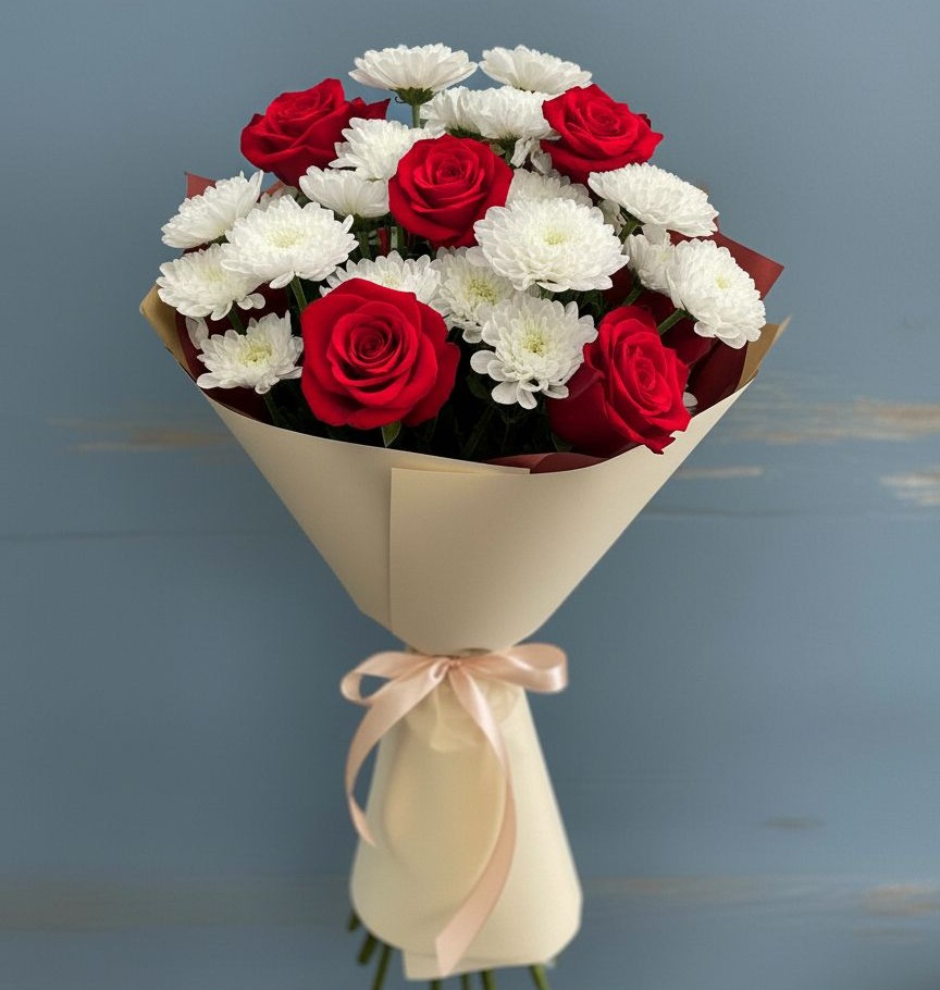 Букет цветов из: Розы и Хризантемы в Рощино