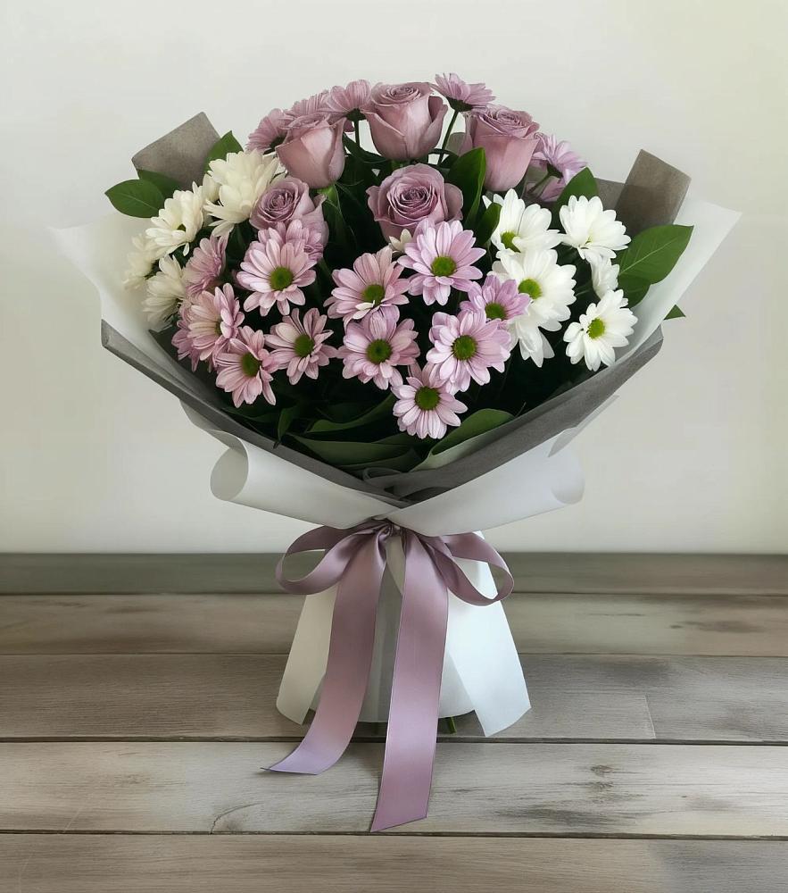 Букет цветов из: Хризантемы и Розы в Рощино