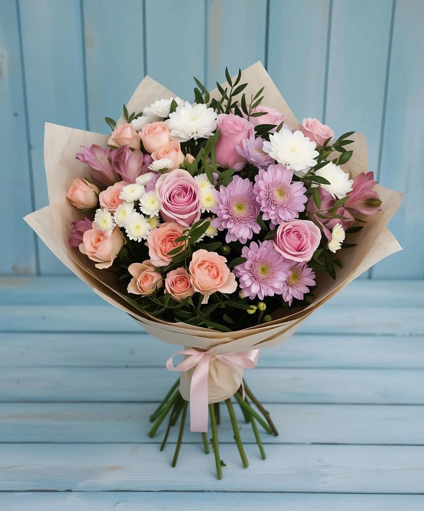 Букет цветов из: Хризантемы, Розы и Альстромерии в Рощино
