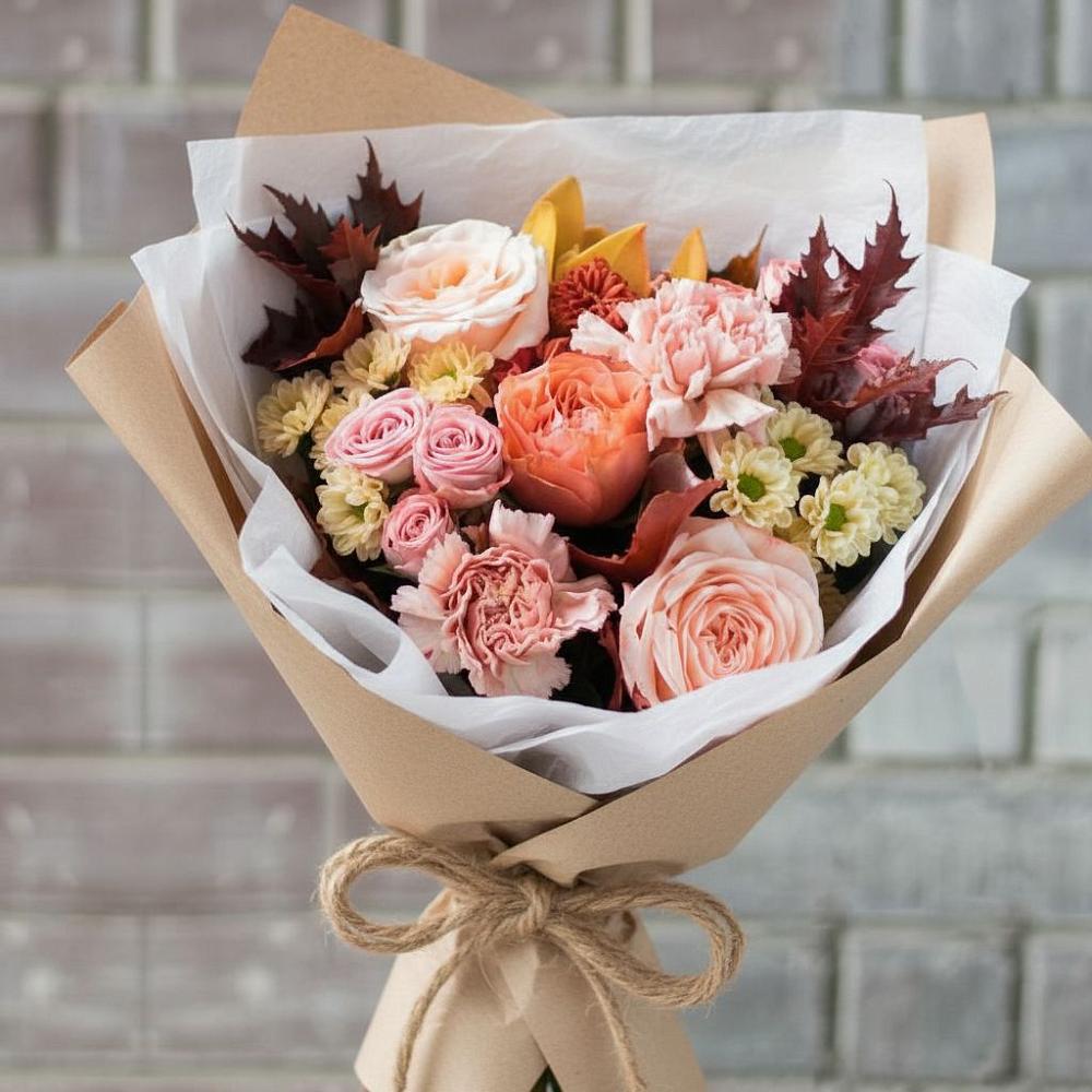 Букет цветов из: Гвоздики, Хризантемы и Розы в Рощино