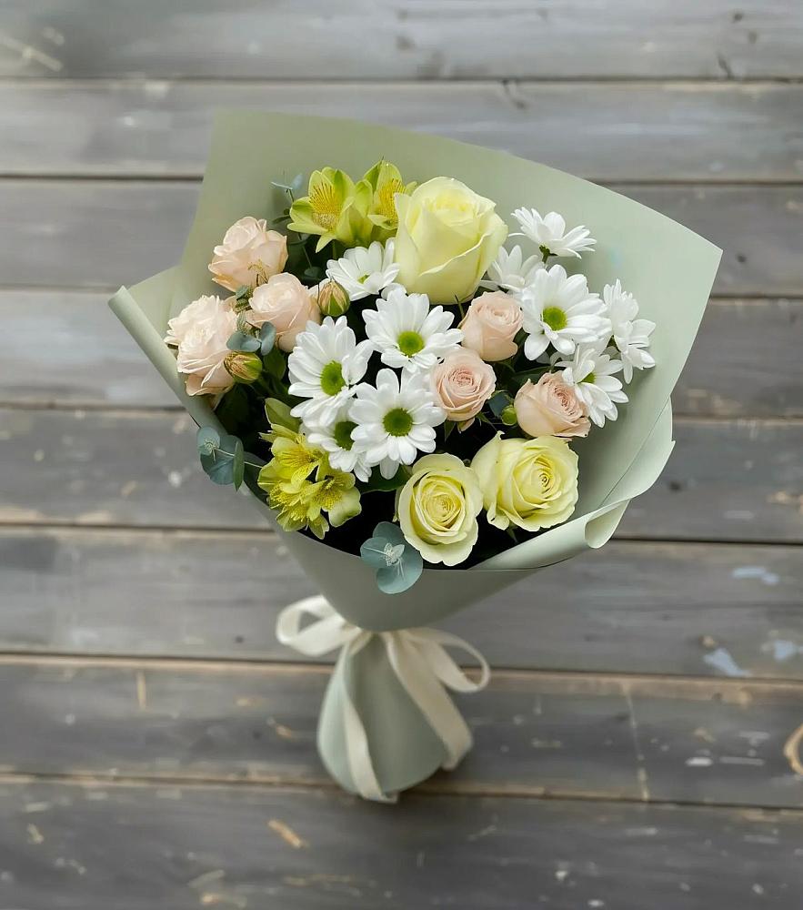 Букет цветов из: Альстромерии, Розы и Хризантемы в Рощино