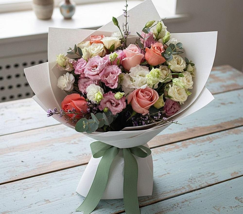 Букет цветов из: Розы, Лизиантусы и Гвоздики в Рощино