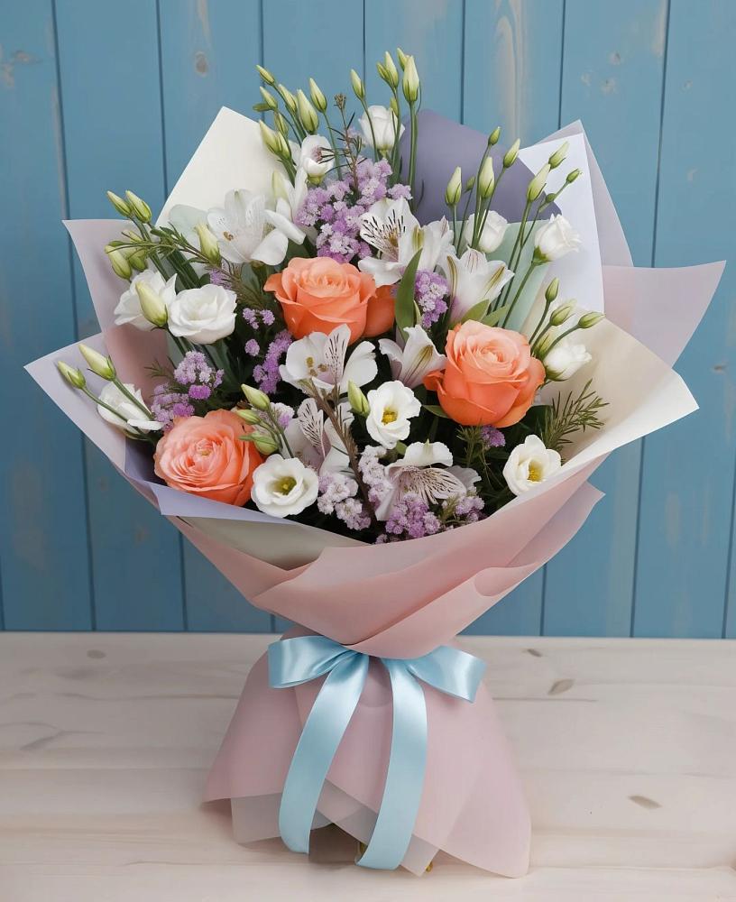 Букет цветов из: Лизиантусы, Розы, Альстромерии и Гипсофила в Рощино