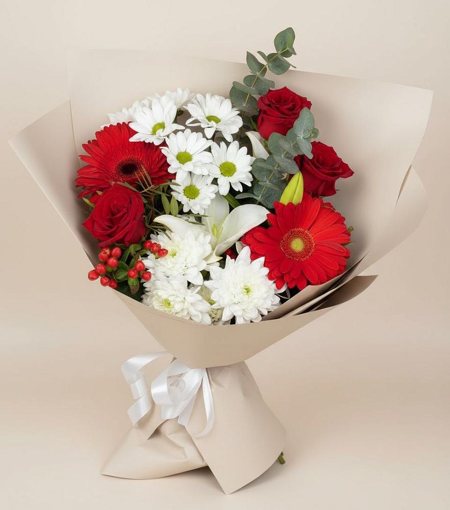 Букет цветов из: Розы, Хризантемы, Герберы и Лилии в Рощино