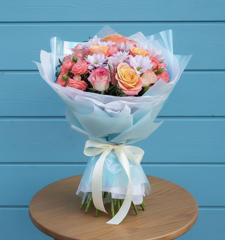 Букет цветов из: Хризантемы и Розы в Рощино